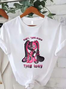 Rabbit Print Women's T-Shirt, Summer Women's Fashion, Casual, Comfortable, Soft, Sports Fitness, Daily Outdoor, Breathable Round Neck Short Sleeve T-Shirt