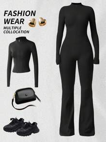 Yefecy Damen Reißverschluss Vorne Langarm Fitness Yoga Outfit - Bodycon Taille Enge Sport Jumpsuit für Laufen, Training, Pilates Formende Jumpsuit - Schwarz - Übersicht 6