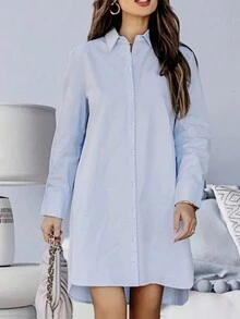 女士纯色单排扣休闲宽松前短后长下摆口袋百搭衬衫裙