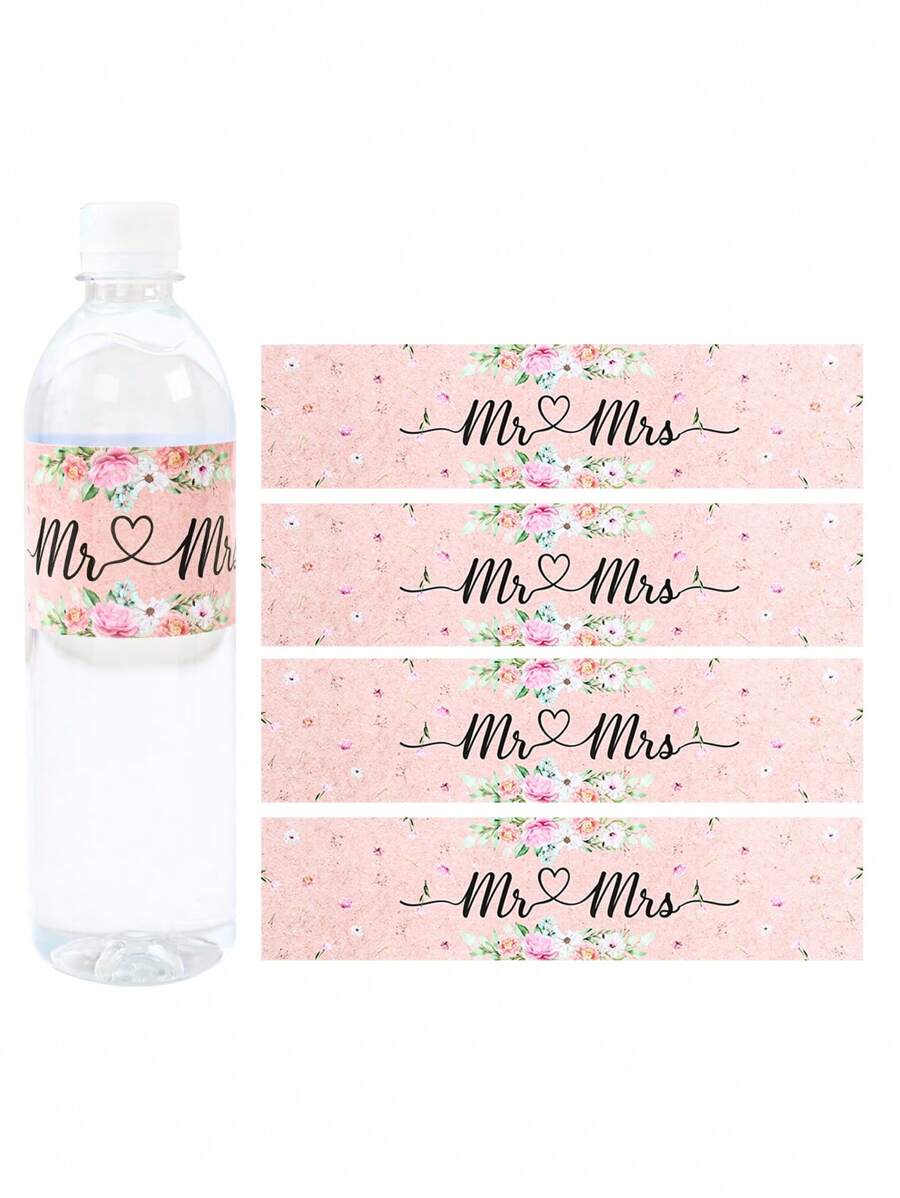10/24 piezas etiquetas de botellas de agua de boda Mr&Mrs con flores, pegatinas de papel para botellas para despedidas de soltero y celebraciones de compromiso, suministros de decoración para fiestas de boda - Multicolor - Ver 1