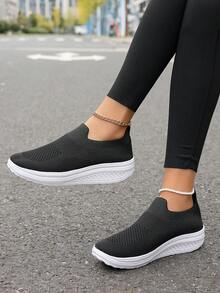 2025 New Knit Breathable Lightweight High-Sole Solid Color Women Shoes, Hand/Machine Washable, Suitable For Dance, Running, Walking, Casual