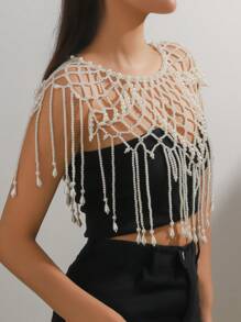 1pc Handmade Elegant Multilayer Faux Pearl Hollow Diamond Teardrop Tassel Body Chain, Adjustable Length Dress Accessory For Wedding Party