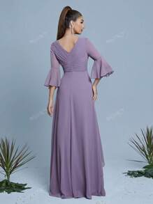 Mgiacy New Arrival V Neck Solid Color Bridesmaid Dress Flounce Sleeve Ruched OverlayChiffon Long Dress