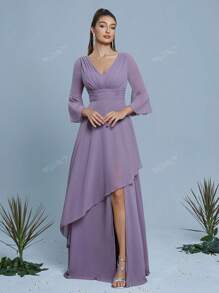 Mgiacy New Arrival V Neck Solid Color Bridesmaid Dress Flounce Sleeve Ruched OverlayChiffon Long Dress
