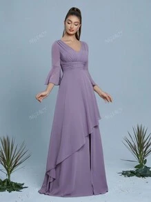 Mgiacy New Arrival V Neck Solid Color Bridesmaid Dress Flounce Sleeve Ruched OverlayChiffon Long Dress