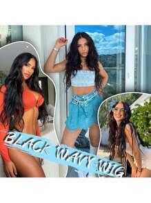 Synthetic Lace Wigs For Women Middle Parting 26inch Long Wavy Hair Black Color Optional High Temperature Fiber - Black - View 3