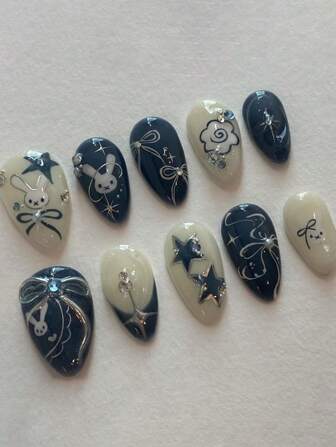 1 盒 10 片杏仁形指甲贴纸，黑白配色，兔子、星星和蝴蝶结装饰，半手工指甲贴花，配有指甲锉和果冻凝胶，适合所有女士，展现俏皮优雅，非常适合日常佩戴、节日和派对，为您的指尖增添魅力，按压指甲，美甲用品，指甲