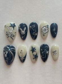 1 盒 10 片杏仁形指甲贴纸，黑白配色，兔子、星星和蝴蝶结装饰，半手工指甲贴花，配有指甲锉和果冻凝胶，适合所有女士，展现俏皮优雅，非常适合日常佩戴、节日和派对，为您的指尖增添魅力，按压指甲，美甲用品，指甲 - 彩色 - 查看 1