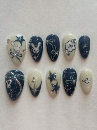 1 förpackning med 10 st mandelformade nagelklistermärken, svartvita färgkombinationer med kanin-, stjärn- och rosettdekorationer, halvhandgjorda nagelapplikationer, levereras med nagelfil och gelégel, lämplig för alla kvinnor, visar upp lekfull elegans, perfekt för vardagsbruk, festivaler och fester, ger charm till dina fingertoppar, tryckta naglar, nageltillbehör, naglar