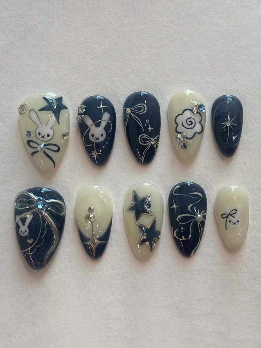 1 盒 10 片杏仁形指甲贴纸，黑白配色，兔子、星星和蝴蝶结装饰，半手工指甲贴花，配有指甲锉和果冻凝胶，适合所有女士，展现俏皮优雅，非常适合日常佩戴、节日和派对，为您的指尖增添魅力，按压指甲，美甲用品，指甲 - 彩色 - 查看 1