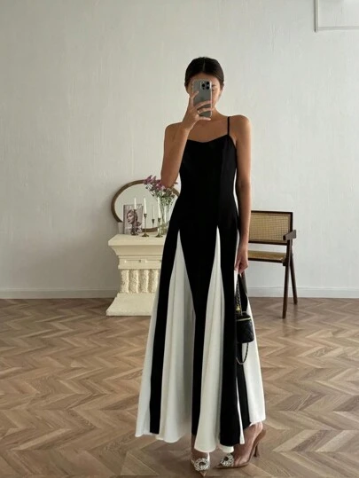 女士时尚、性感、优雅的细肩带露背 2025 时尚病毒式设计，黑白组合，带衬垫胸部，合身腰部喇叭形 A 字中长连衣裙，半透明，适合舞蹈表演、鸡尾酒会、正式礼服
