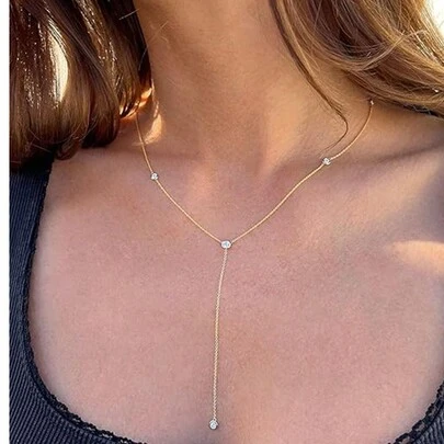 14K镀金多层项链，精致串珠立方氧化锆吊坠项链，简约Y字形黄金项链，女士黄金首饰礼品