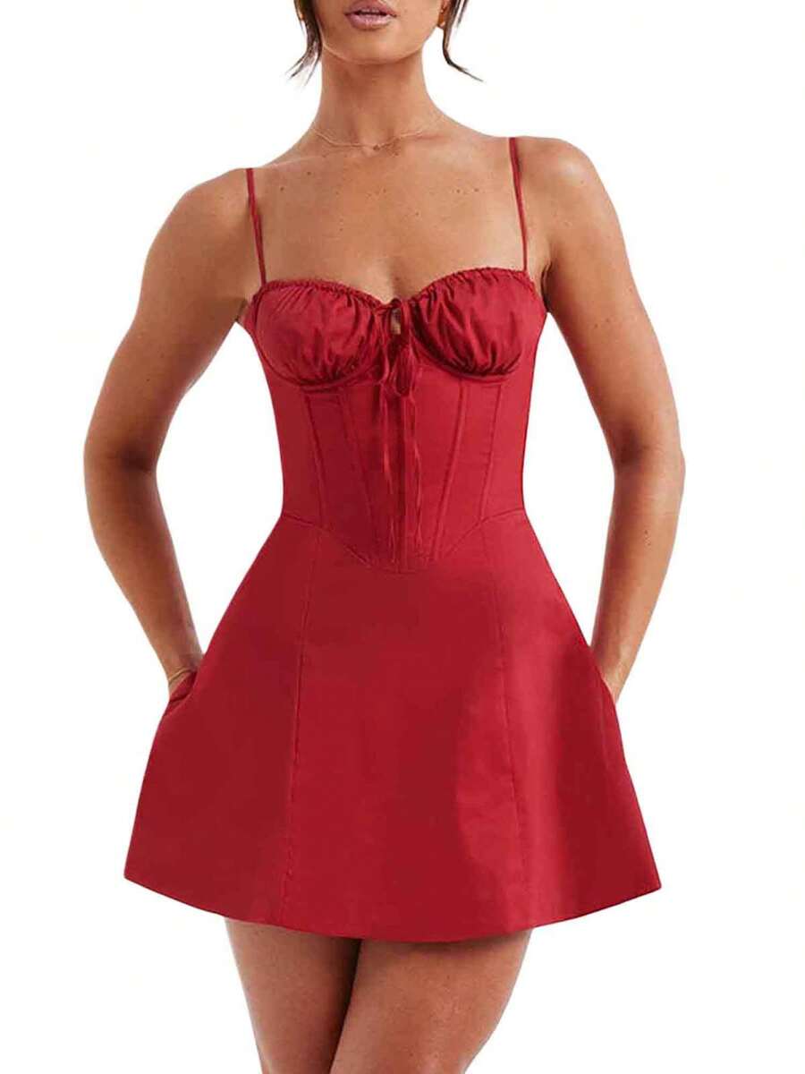 Women Plus Size Summer Mini Cami Dress Solid Color Sleeveless Tie Up Above Knee Party Dress - Đỏ - Xem 1