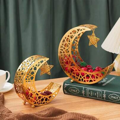 1 pieza Bandeja de metal dorado con forma de estrella para Eid Mubarak, fuente de postres de Ramadán, decoración del hogar con temática islámica, 2 tamaños, resistente, adecuado para ocasiones especiales