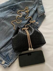 时尚纯色链条肩带迷你水桶斜挎包 - 黑色 - 查看 5