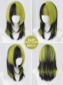 NAMM 新款时尚亮点黑绿色分层假发女士中长直发带刘海合成耐热纤维服装假发适合女孩日常角色扮演派对使用 20 英寸