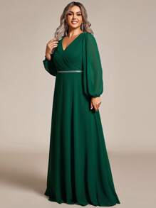 EVERPRETTY Plus Elegant Chiffon Dài Tay Cổ Chữ V Trang Trí Đá Rhinestone Váy Phù Dâu Dạ Hội - Màu xanh lá cây đậm - Xem 4
