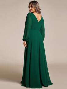 EVERPRETTY Plus Elegant Chiffon Dài Tay Cổ Chữ V Trang Trí Đá Rhinestone Váy Phù Dâu Dạ Hội - Màu xanh lá cây đậm - Xem 2
