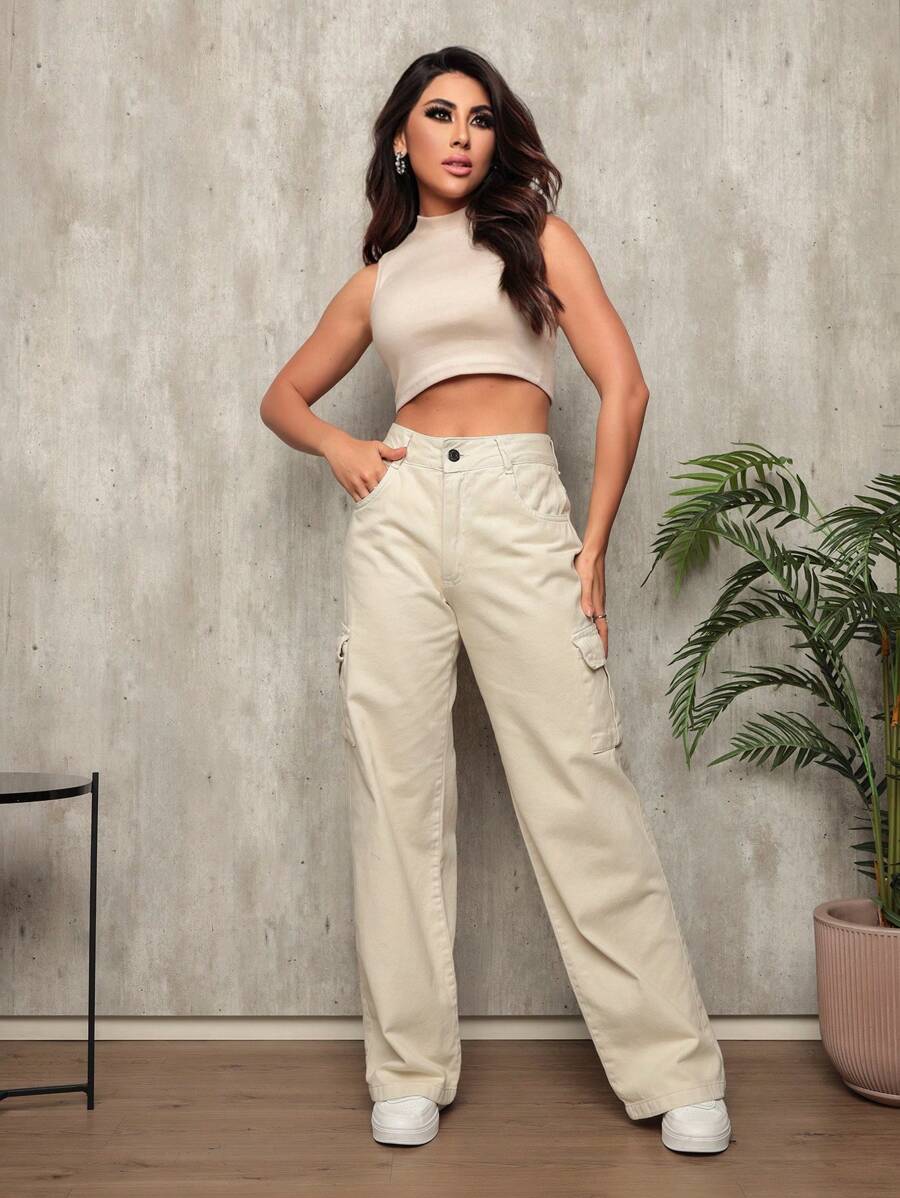 Women's Wide Leg Cargo Jeans Pants Casual Fashion Blogger - 杏色 - 查看 1