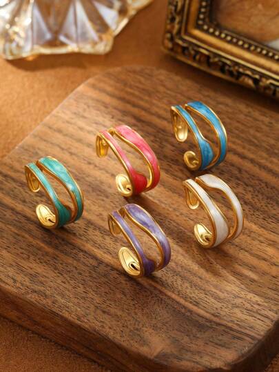 1/5 件不锈钢金黄色时尚复古 5 色磨砂滴油戒指套装适合女性派对日常佩戴或礼物