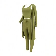 Casual Ribbed 3-Piece Set, Crop Top+High Waisted Drawstring Pants+Long Cardigan, Women's Clothing - màu xanh lá - Xem 3