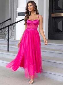 Joyfunear Women's Backless High-Slit Hem Bustier Mesh Spaghetti Strap Dress - Hot Pink - View 3