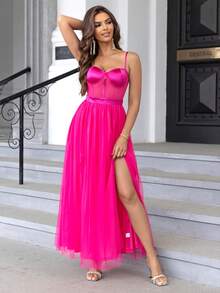 Joyfunear Women's Backless High-Slit Hem Bustier Mesh Spaghetti Strap Dress - Hot Pink - View 4