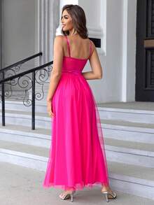 Joyfunear Women's Backless High-Slit Hem Bustier Mesh Spaghetti Strap Dress - Hot Pink - View 6