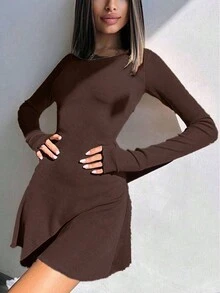 女士纯色圆领荷叶边修身迷你连衣裙，女士秋季连衣裙，返校季穿搭，Y2K 2000年代风格，休闲外出连衣裙，万圣节服装，优雅春季 - 棕色 - 查看 4