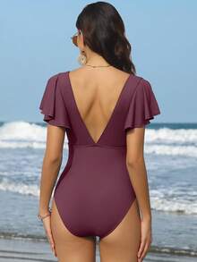 女士纯色 V 领修身连体泳衣，休闲日常穿着