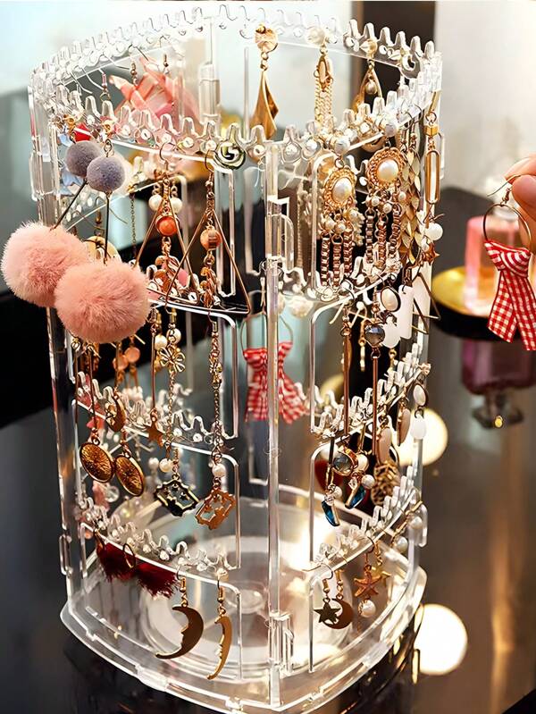 1 pieza Estante plegable para joyas, expositor acrílico giratorio de varios niveles para pendientes, collares, sobremesa y escritorio, para volver a la escuela