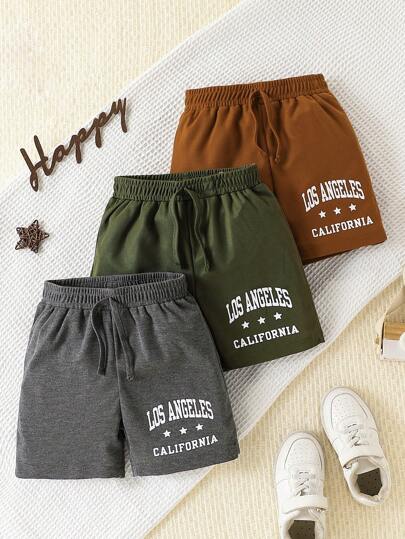 3 件套年轻男孩休闲口号印花百搭短裤，适合夏季、户外、运动、学校、日常、休闲、度假、旅行
