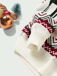 ANDREILEE Unisex Asymmetrical Striped Christmas Tree & Reindeer Pattern Long Sleeve Sweater, Casual Loose Crew Neck Knit Pullover For Winter - White - View 5