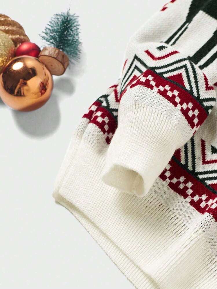 ANDREILEE Unisex Asymmetrical Striped Christmas Tree & Reindeer Pattern Long Sleeve Sweater, Casual Loose Crew Neck Knit Pullover For Winter - White - View 5
