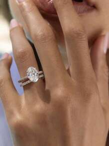 2pcs Set Fashionable Minimalist Style S925 Silver Oval 2.5CT Moissanite Ring Set, Jewelry For Women Suitable For Engagement, Wedding, Party, Daily Wear, Gift For Valentine's Day