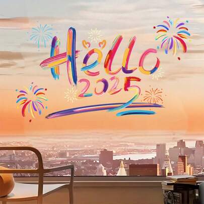 1 件“Hello2025”新年创意文字贴纸新年装饰物，适用于装饰家庭、房间、公司、学校、餐厅、酒店玻璃门窗，设计独特，款式新颖，静电吸附，操作简单