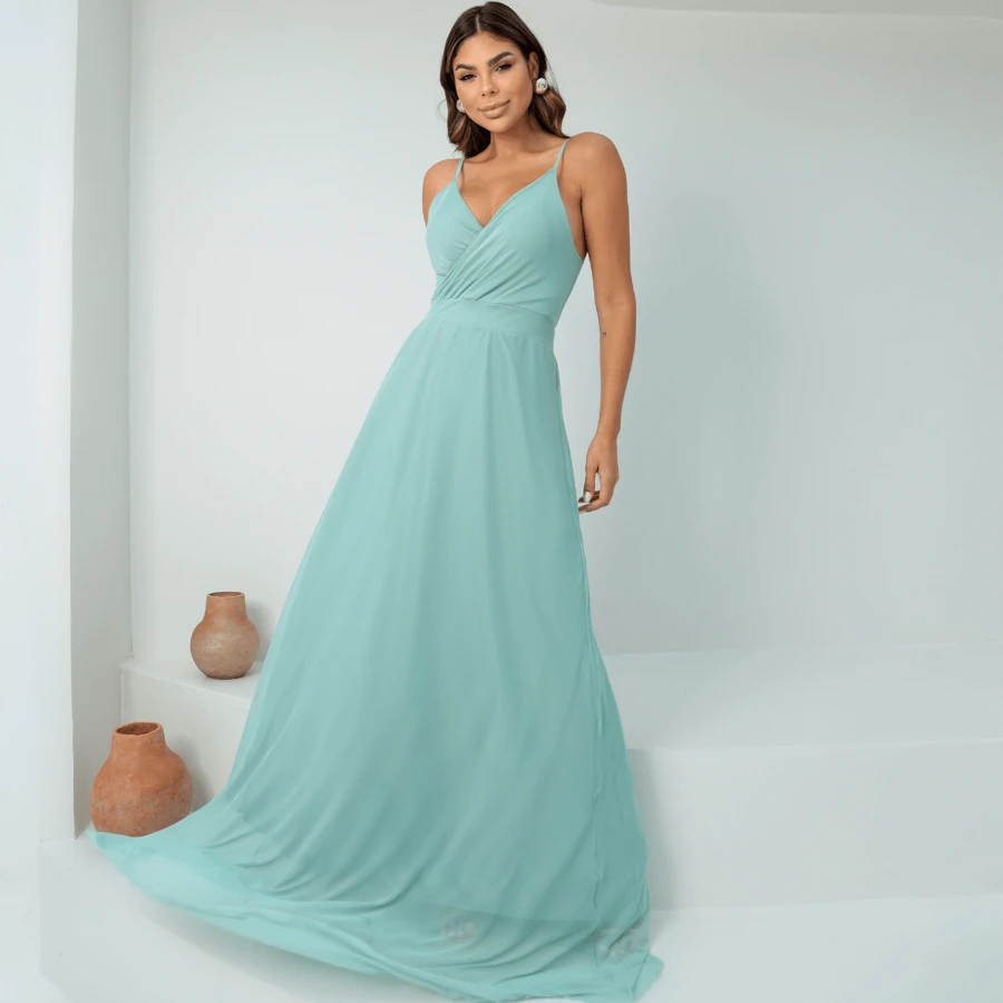 Long Tulle Party Dress Elegant Premium Women's Bridesmaid Wedding - Màu xanh Ô liu - Xem 1