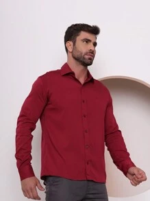 Men's Slim Premium Dress Shirt With Elastane - Maroon - View 4