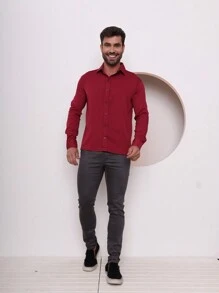 Men's Slim Premium Dress Shirt With Elastane - Maroon - View 5
