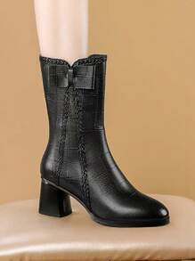 2024 New Ladies' Thick-Soled Side Zipper Western Tie Black Short-Medium Height Vintage Mid-Tube Plaid Boots, Autumn-Winter Fashion, Electroplating Decoration, Classic Bow, Versatile British Style  Boots, Thermal Lined High Heels Boots - Black - View 7