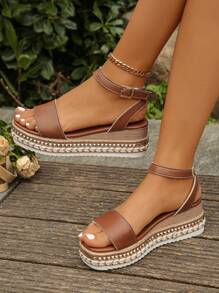 Sandálias de Tira no Tornozelo com Decoração de Rebite, Estilo de Plataforma Elegante de Resort de Verão, Salto Anabela, Marrom, Salto Alto, Plus Size - Castanho - Visão 2