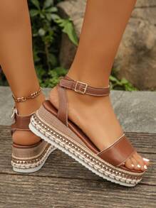 Sandálias de Tira no Tornozelo com Decoração de Rebite, Estilo de Plataforma Elegante de Resort de Verão, Salto Anabela, Marrom, Salto Alto, Plus Size - Castanho - Visão 6