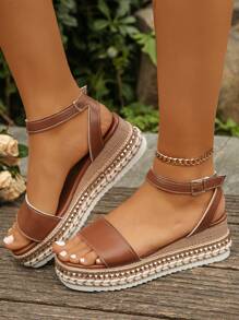 Sandálias de Tira no Tornozelo com Decoração de Rebite, Estilo de Plataforma Elegante de Resort de Verão, Salto Anabela, Marrom, Salto Alto, Plus Size - Castanho - Visão 5
