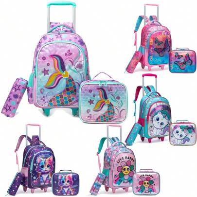Girls Rolling Backpack With Lunch Box And Pencil Case, Suitable For Elementary School Students, Children's Travel Luggage, Designed For Girls