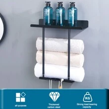 Towel Holder Rack Bathroom Storage Rack Wall Mounted Black Finish W/Stickers Wall Mounted Towel Rack Bathroom Towel Storage Organizer Metal Shelf Holder - Black - View 11
