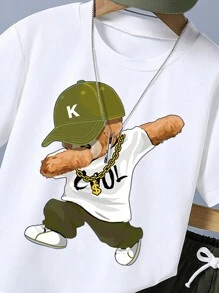 Set da 2 pezzi per ragazzo pre-adolescente: maglietta a maniche corte con stampa di orsetto cartoni animati e pantaloncini, outfit estivo