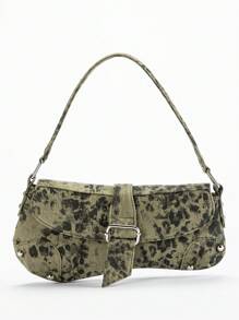 Vintage Green Asymmetric Animal Print Shoulder Bag For Women, Fashionable Y2K Leopard Print Rivet Motorcycle Style Shoulder Bag, Hobo Bag, Street Style, Suitable For Teenage Girls, Leopard Print Bag, Animal Print Underarm Bag, Rivet Street Style Handbag, Y2K Underarm Bag, Suitable For Dating, Casual, Fashion Party, Travel, School, Holiday Gift, Bags Ladies Elegant - Army Green - View 8
