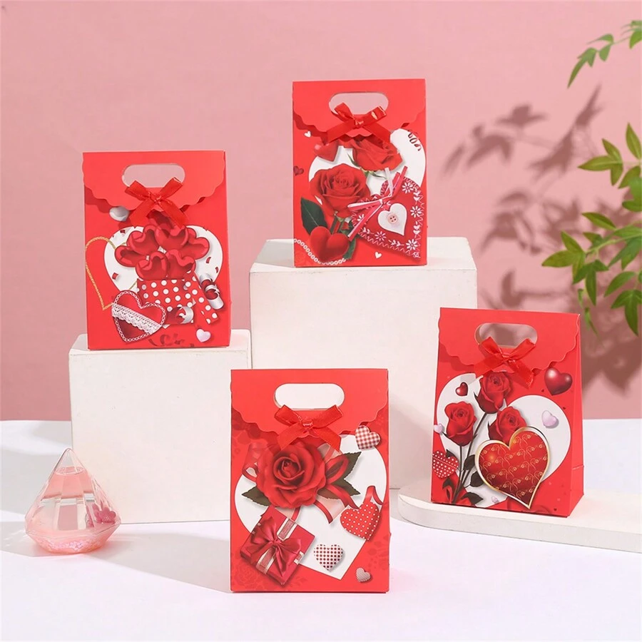 Juego de 3 bolsas de regalo con estampado de flor de rosa y lazo, bolsas de embalaje para regalos de aniversario para parejas románticas (patrones y colores aleatorios) para el Día de San Valentín - Multicolor - Ver 1