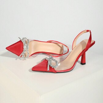 RUAN MENG MEI Women's Pointed Toe Thin High Heel Shoes, Crystal Bow Decor Closed Toe, Sexy Solid Color Strap , European And American Fashion Party/Vacation Sandals Valentines