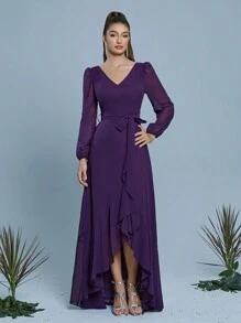 V 领腰带荷叶边下摆雪纺伴娘礼服 - 紫羅蘭色 - 查看 3